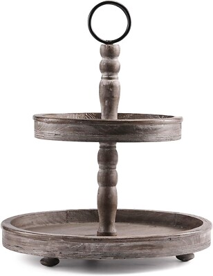 Creative Co-Op Distressed Brown Wood Metal Handle Two-Tier Tray cake-image
