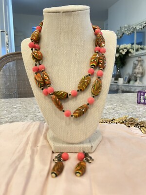 japan necklace glass beaded swirl mcm vtg orange Mid Century style retro MOD-image