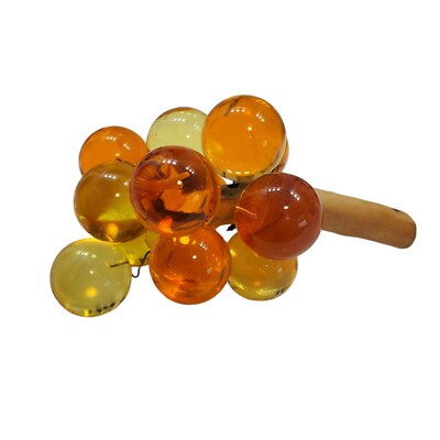 Vintage Lucite Grapes Cluster on Wood  Mid Century Modern Amber  & Orange-image