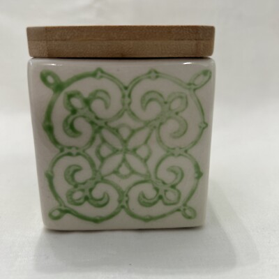 Ceramic Box W/Bamboo Lid White With Green Design Creative Co-op.-image