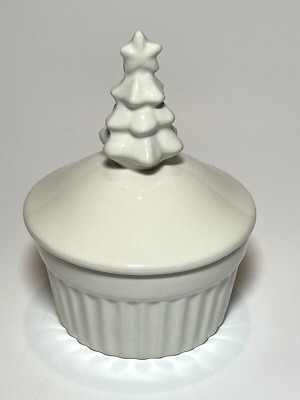 Christmas Tree Cupcake Dish Covered Ramekin White 5.5” by Creative Co-Op-image