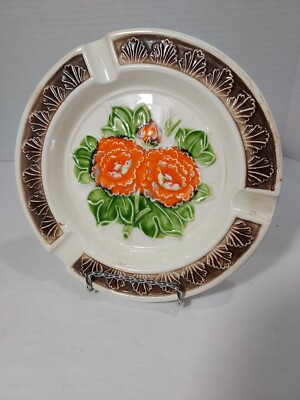 Vintage Cigar Ashtray Round Orange Floral Mid Century Modern Made In Japan-image