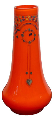 Vintage Mid Century to 70's Orange Flower Vase w Hearts & Decor 8 1/2