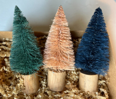 Creative Co-Op Set 3 Bottle Brush Wood Base Trees Green Cream & Blue 5