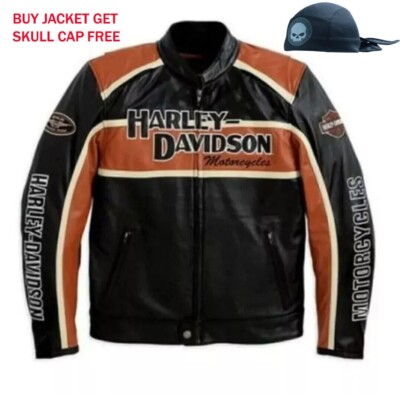 Harley Davidson Men’s CLASSIC ORANGE CRUISER Jacket Biker Genuine Leather Jacket-image
