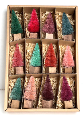 Creative Co-Op Set 12 Bottle Brush Trees Wood Base Greens Reds Pinks 3 1/4