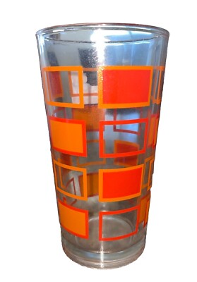 Mid Century 6 Tumbler glasses orange squares. 3 Sets Of 6. No Wear Or Chips-image