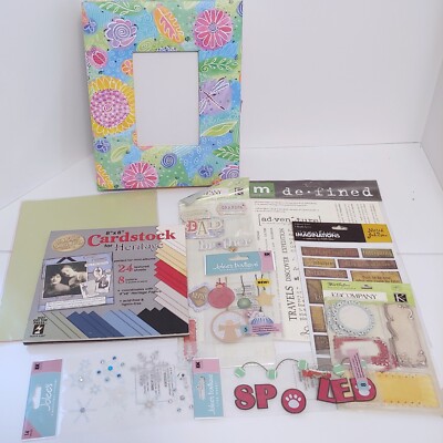 SCRAPBOOKING Supplies: Lot of misc. Paper/Embellishments/Stickers, Frame on Box-image