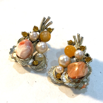 Vintage clip on earrings mid century goldtone faux pearl peachy orange beads-image