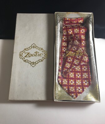 Mid Century Tie Pocket Square Box Gift Silk Tie Collector Zodiac Red Orange -image