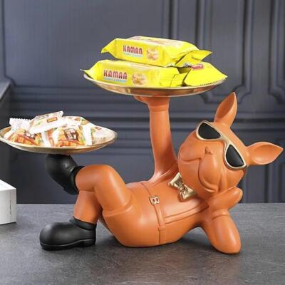 Figurine Dog with Tray Animal Multicolor Ornament Medium Dec Resin Carved Modern-image