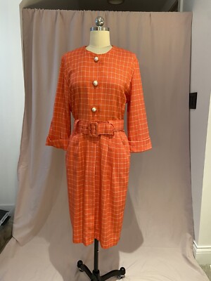 orange w pearl buttons 1980s office business midi length dress Studio I-image