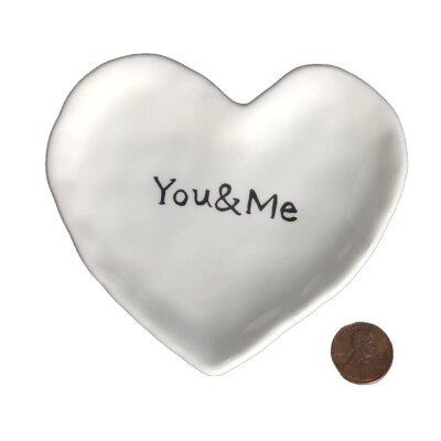 Vintage Creative Co-op You & Me Heart-shaped Trinket Dish Ring Holder White EUC -image