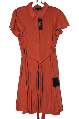 Lulus Burnt Orange Rayon Button Front Flutter Sleeves Belted Dress Size M NWT-image