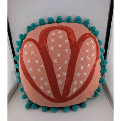 Creative Co-op Pillow Pink Blue Pompoms Throw 14x14