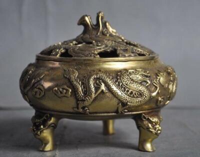 China brass temple Joss 2 Dragon play Beads phoenix statue Incense Burner Censer-image