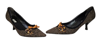 PRADA NWOB Brown Tweed Orange Bow Embellished Pointed Toe Pumps 41 / 11-image