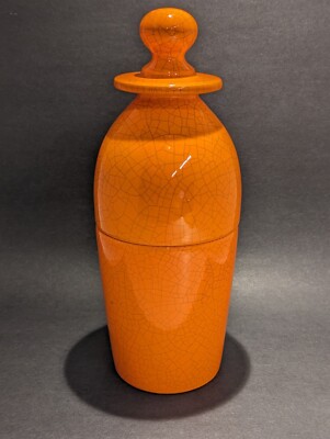 Mid Century Orange Crackle Decor Piece, 2 Pieces Or Pot For Plant 13 3/4