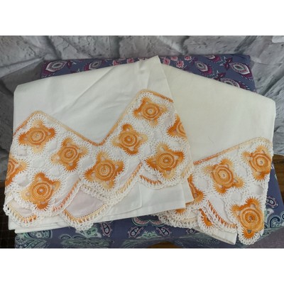 Mid Century Pillowcases Set of 2 Orange & White Crocheted -image