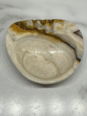 Vintage Mid Century Modern Carved Alabaster Stone Ashtray - Browns Orange 4 1/2”-image