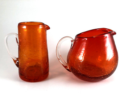 Vintage Set of 2 PILGRIM Orange Hand Blown Crackle Art Glass Creamer & Pitcher-image