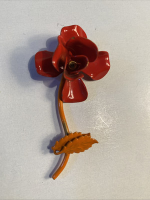 Mid Century Modern 3” Metal Flower Rose Brooch Pin Enamel Red & Orange-image