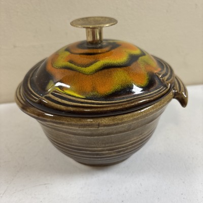 California Pottery Orange Brown Drip Lidded Bowl Mid Century Modern MCM-image