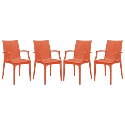 LeisureMod Modern Weave Mace Indoor Outdoor Dining Armchair in Orange Set of 4-image