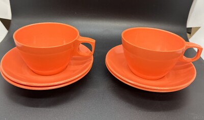 Mid Century Modern Mallo Ware Tangerine Orange Lot 2 Cups (37) 4 Saucers (55)-image