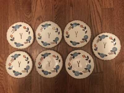 Set Of 7 Creative Co-op Monogram “Y” Floral Plates-image