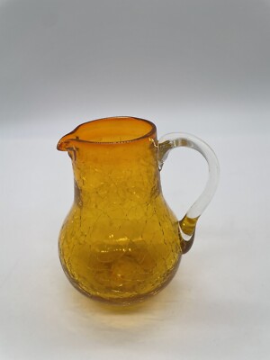 Vintage Orange Blown Crackle Art Glass Pitcher Applied Clear Glass Handle 3 1/2”-image