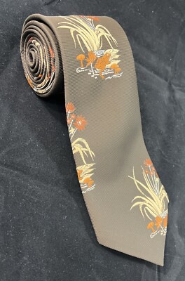 Vintage Mid Mod 60s Arden Wide Neck Tie Polyester Brown Orange Frog Mushrooms-image