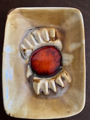 Vintage Mid Century Modern Gold Orange Brown Drip Glaze Ashtray 8 X 6 Inches-image