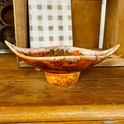 Vintage Mid-Century Ceramic Pedestal Dish, Leaf-Shaped Orange Black Green Glaze-image