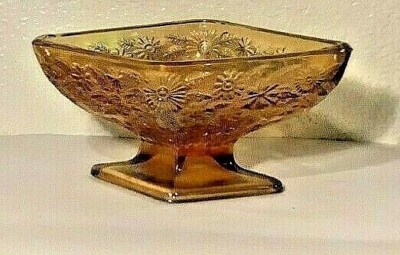 VTG Carnival Glass Orange Diamond Footed dessert candy Bowl Amber Iridescent  -image
