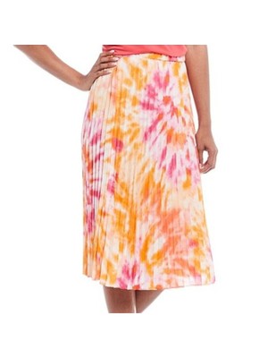 CALVIN KLEIN Womens Orange Pleated Tie Dye Midi Accordion Pleat Skirt L-image