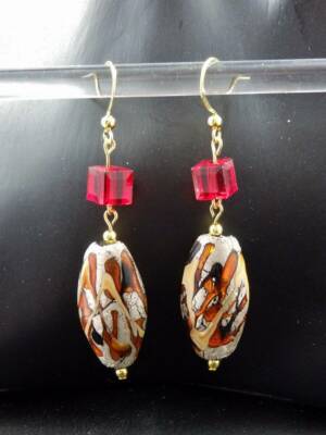 Mid Century Modern Abstract  Glass Dangle Earrings Orange, Red Olive Shaped-image