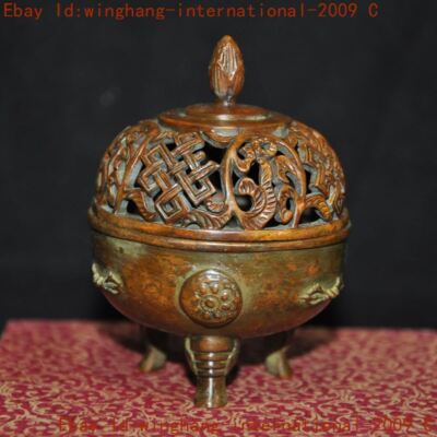 Ancient China dynasty bronze Vajra pattern Joss Incense burner Censer statue-image
