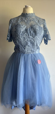 Chi Chi London Dress Size 10 Cornflower Blue “Joss” Lace Tulle Dip Hem BNWT-image