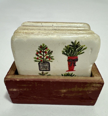 Creative Co-Op Set/4 Holiday Christmas Ceramic Coasters In Box Lori Siebert-image