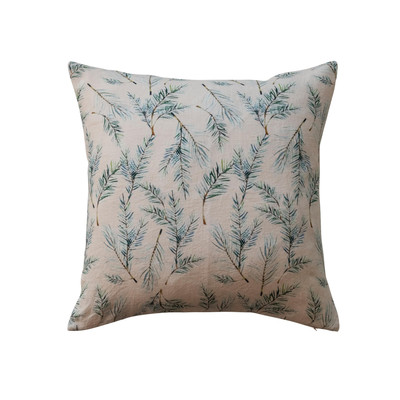 , Natural, Green and Brown Square Linen and Cotton Printed Pillow with Pine B...-image