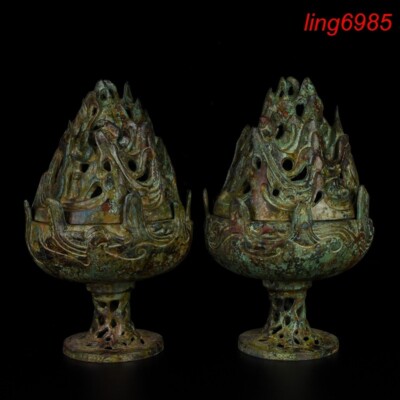 China shangzhou dynasty bronze ware joss Incense burner Censer statue a pair-image