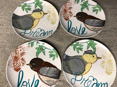 RARE!! CREATIVE CO-OP SET of 4 Salad Plates 8 Inches Birds Dream Love-image
