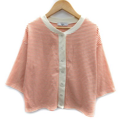 Discoat Women's Orange Border Pattern Cardigan 3/4 Sleeve Round Neck F Mid-Leng-image