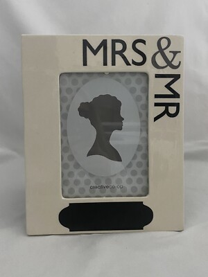 Creative Co-op - Mr. & Mrs. Ceramic Photo Frame With Chalk Writing Box-image