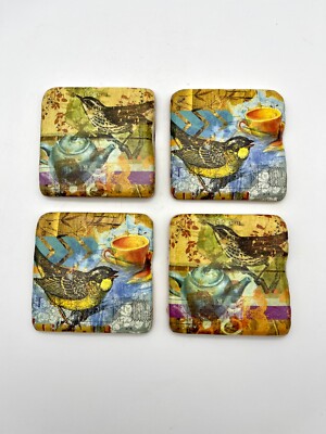 Set of 4 Phoenix Creative Co-op Tumbled Ceramic Tile Decoupage Coasters Birds-image