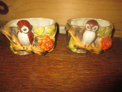 Mid-Century PAIR Of Vintage BROWN OWLS ORANGE FLOWERS Ceramic PLANTERS - 1950's-image