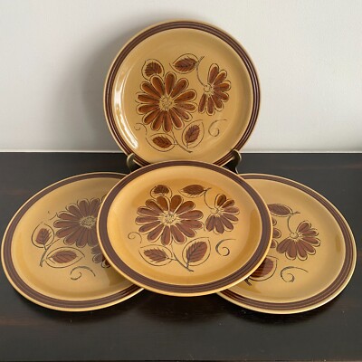 Set of 4 Vintage La Mesa Stoneware Brown Floral Dinner Plates 10.25