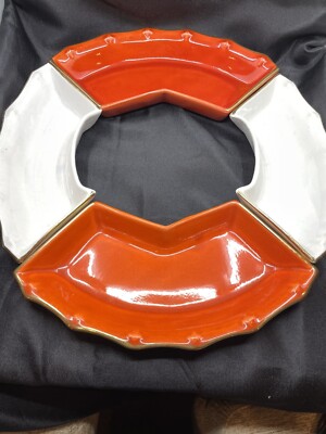 Vintage California Pottery Mid Century Orange & White Ceramic Appetizer Set Mint-image