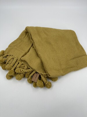 Creative Co-op 60 x 50 Cotton Throw Blanket With Pom Poms Gold DA7880 NWT-image